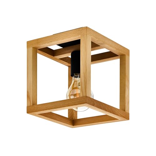 Eglo Blackcrown Lámpara de techo en forma de cubo con diseño natural, fabricada en acero de color negro con marco de madera, con casquillo E27 y unas medidas de 20 × cm