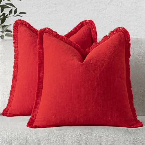 Image of MIULEE Decorative Throw Pillow Covers Neutral Linen Fringe Throw Pillows Set of 2 Red Boho Farmhouse Cushion Covers with Tassels for Couch Sofa Bed Living Room Spring Home Decor 18x18 Inch