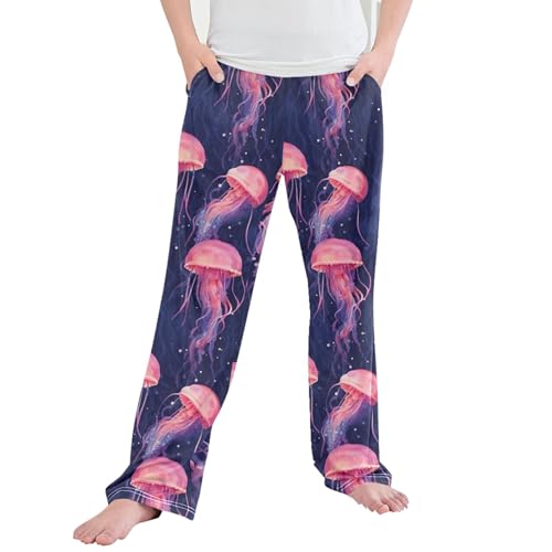 Pink Jellyfish Long Pajama Pants Elastic Waist PJ Bottoms with Pockets S A110459