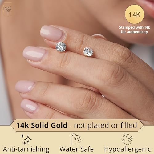 14k Gold Solitaire Round Cubic Zirconia Earrings Studs for Women & Men | Anti Tarnishing CZ Stud Earrings with 14k Gold Butterfly Pushbacks | 4MM-7.5MM by MAX + STONE2
