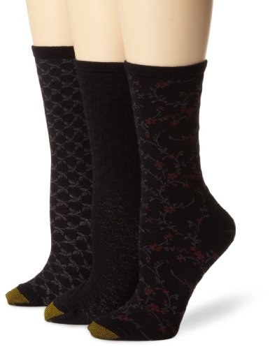 Gold Toe Women's 3-Pack Floral Diamonds and Leaf Patterned Socks, Black, Shoe Size: