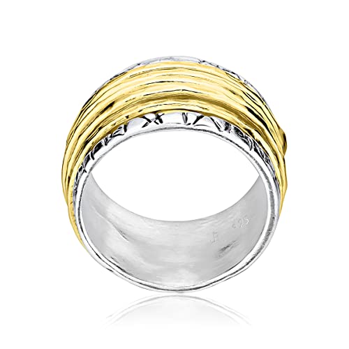 925 Sterling Silver Rotating Spinner Ring With 5 One Micron 14K Gold Plated Sterling Silver Hammered Spinner Rings Hypoallergenic Nickel And Lead-Free Artisan Handcrafted Designer Collection Made In Israel #TOP4