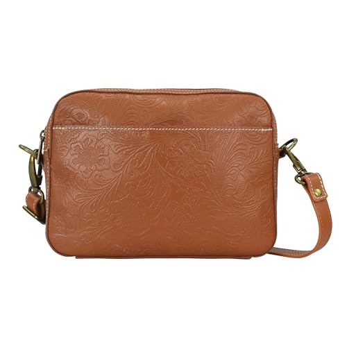 Anna by Anuschka Heritage Collection Women's Genuine Leather Multicompartment Crossbody - Floral Embossed Hazelnut