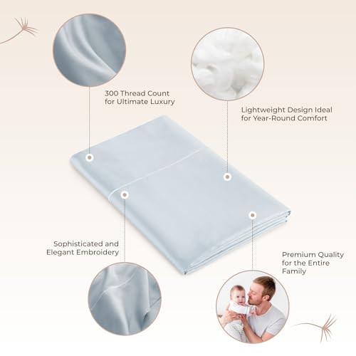 Image of Certified Organic King Flat Sheet Only - 100% Organic Cotton Top Sheet with Luxurious Soft and Breathable 300 Thread Count Sateen Weave Finish - GOTS & Fairtrade Certified (Powder, King)