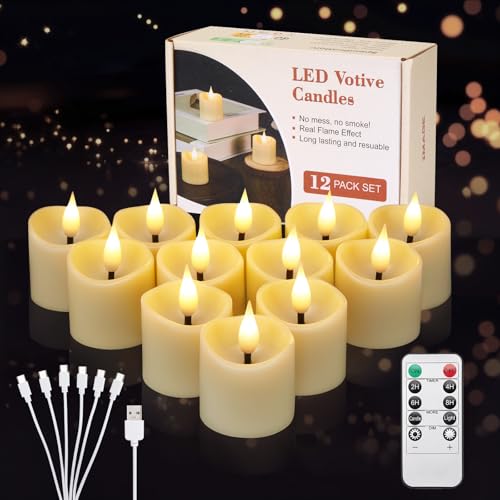 IMAGE Lot de 12 bougies votives rechargeables à piles avec mèche 3D Ivoire - Bougies votives sans flamme avec minuteur - Bougies vacillantes pour décoration d'intérieur