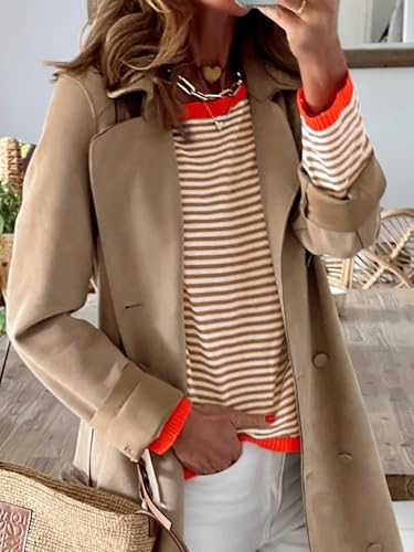Image of Wowcarbazole Women's Pullover Sweaters Striped Long Sleeve Crew Neck Color Block Sweater Tops Casual Loose Knit Shirts