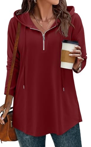 BETTE BOUTIK Womens Quarter Zip Tunic Hoodies Pullover Long Hooded Sweatshirts S-3XL