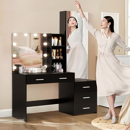 usikey 47.2 inch Large Vanity Desk with 10 Lights Bulbs & Full-Length Mirror, Makeup Vanity with Lights and 5 Drawers, Vanity Table Set with Mirror Cabinet and Storage Shelves, Black