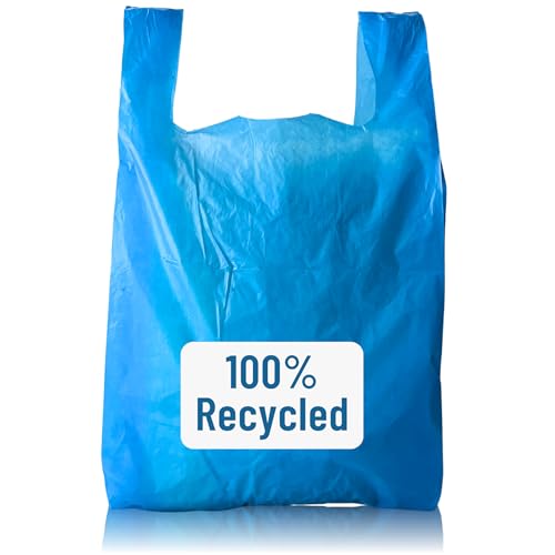 PWgoods 100% Recycled Plastic Carrier Bags, Blue, Large 11 x 17 x 21, Heavy Duty 22mu, 400 Pack, Easy Tie Handles