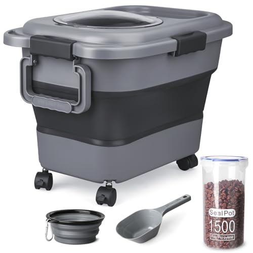 Dog Food Storage Container, 10-20 lbs Airtight Collapsible Cat Food Storage Container with Attachable Wheels, Portable Handle, Dog Food Scoop for Dog Cat Bird Pet Dry Food Storage Bin Dark Grey