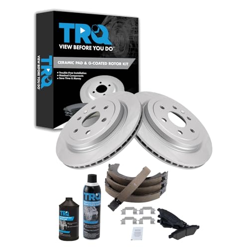 Image of TRQ Rear Brake Pad & Rotor Kit, with Chemical Kit Parking Brake Shoe Set Ceramic Premium G-Coated Compatible with 2010-2016 Cadillac SRX