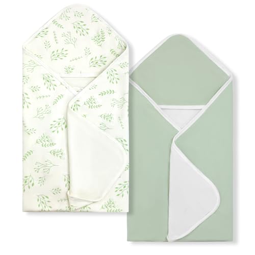 Image of BabyAlly Baby Towels 2 Pack,Hooded Baby Towels Set,Baby Infant Bath Towels with Hood,Soft and Absorbent Nursery Towel,Large 28x28 Inch,Newborn Essential(Mint Green Leaves + Mint Green)