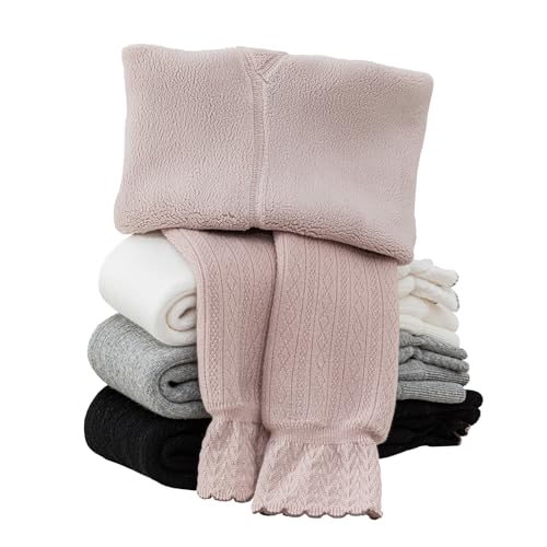 Silkglory Girls Fleece Lined Leggings Pants Thick Warm Tights Winter Clothes for Kids,Toddler Girls Leggings with Cute Ruffles Cable Knit Tights 6-7 Years Pink