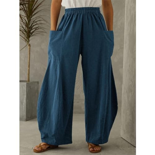 Women's Linen Pants with Deep Pockets Casual Elastic High Waist Wide Leg Trousers Plus Size Beach Pants S-5XL2