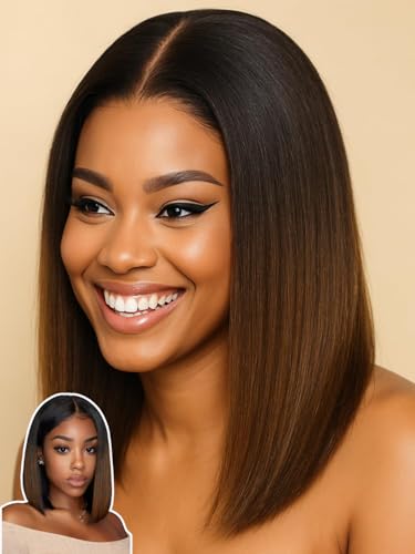 Image of Sunber Chestnut Brown Ombre Yaki Straight Bob Drawstring Wig Human Hair No Slip Glueless 7x5 HD Lace Front Wig Pre Cut Pre Plucked Bleached Knots Ready to Wear Short Yaki Bob Wig 12 Inch
