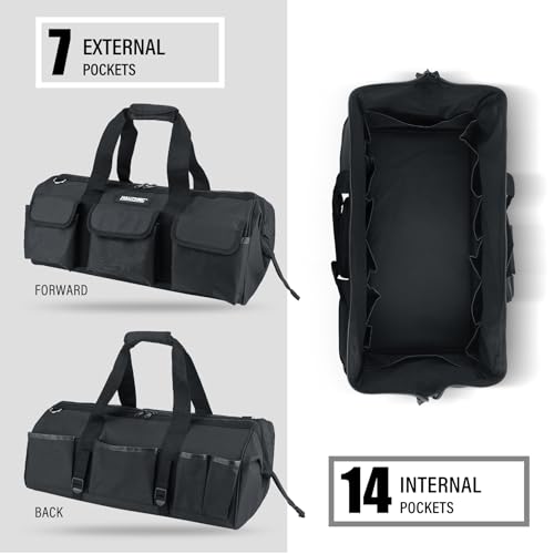 Image of HAUTMEC 24 inch Large Contractors Tool Bag, Wide Mouth Tool Bag with Hard Base & Metal Frame, 21-Pocket Double Zippers Heavy-Duty Tool Organizer for Heavy Tools - HT0184