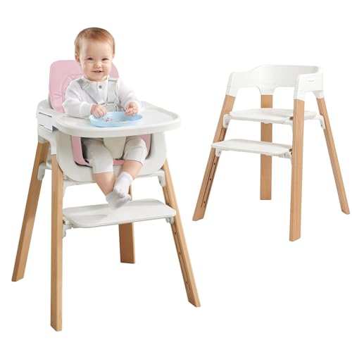 Image of Wooden Highchair for Baby, Toddler High Chair with Tray & Removable Cushion & 4-Levels Pedal & Padded 5-Point Harness,Grows with Kid for Dining, Studying(Pink