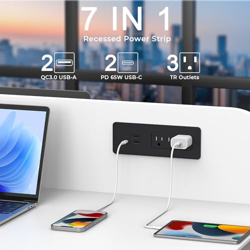Recessed Power Strip with PD 65W USB C, Flush Mount Power Strip with 3 Outlets 4 USB Ports, Furniture Drawer Outlet with 2M Flat Plug Cable for Side Table Sofa Table, Black
