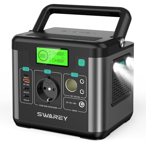 SWAREY Generador Solar Portátil, 222Wh Estación de Energía, Salida de CA de 300W (Pico de 600W), Puerto USB-C de 65W, Batería Externa para Camping, Viajes, Pesca, RV