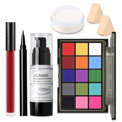 Image of UCANBE Colorful Halloween Makeup Kit - Clown Vampire Witch Zombie Makeup Set for SFX Costume Cosplay with Eyeshadow Palette, White Foundation, Red Lipstick, Black Eyeliner, Setting Powder & Sponges