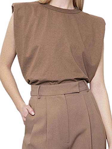 Goudyna Camiseta sin mangas con hombreras sueltas para mujer, cuello redondo, sin mangas, marrón, L