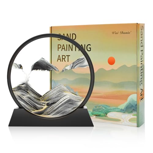 Image of Wai Danie Moving Sand Art Picture 3D Hourglass Deep Sea Sandscape Liquid Motion Display Painting Flowing Sand Frame Relaxing Desktop Home Office Work Decor (Black, 12 Inches)
