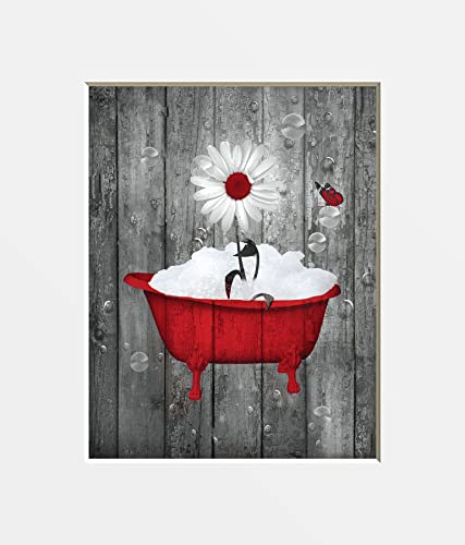 Bathroom Wall Decor, Red Rustic Daisy Flower Vintage Tub Modern Farmhouse Matted Wall Art Picture (8x10 photo with 11x14 mat, Red)