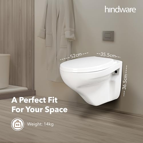 Image of Hindware Classik Wall Hung Western Commode for Bathroom | Made of Ceramic | P-230 Trap | Soft Close Feature | Star White | Oval Shape | Wall Mount Ewc | 10-Year Manufacturer Warranty