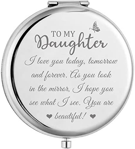 KUKEYIEE to My Daughter Sliver Compact Travel Cosmetic Makeup Mirror, Handheld Small Portable Pocket Folding Mirror for Daughter, Birthday, Graduation, Engagement, Wedding, from Mom Dad