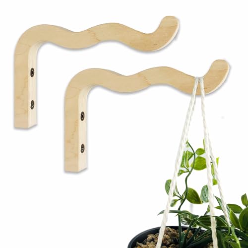 EvenWood 2-Piece Set of Wavy Wooden Wall Planters for Indoor Plants 6 Inch - Natural Plant Hook for Wall Plant, Wind Chimes, Flower Brackets, Patio Garden Decorations - Bracket Plant Hanger (Natural)