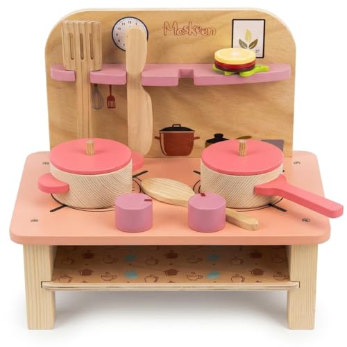 Image of Cute & Stylish Real Wooden Pretend Play Kitchen Set for Kids with Cooking Accessories Montessori Educational Toy Kitchen Playset for Boys Girls and Toddlers (Set-B)