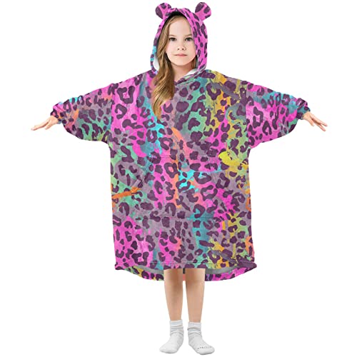 Übergroße Decke Hoodie für Kinder Erwachsene Mädchen Jungen, Fleece Hoodie Decke Rose Gold Leopard Super Warm Plüsch Tragbare Decke Hoodie Sweatshirt mit geräumiger Tasche, Klein, Leopard 091, S Cover