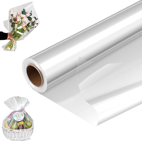 Papier Cellophane,40CMx 30M Papier Transparent Emballage Papier Fleuriste Transparent 1 Rouleau Pois Blancs Rouleau de Cellophane pour Fleurs,Artisanat,Emballage Cadeau