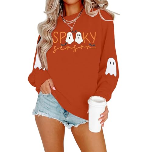 Spooky Season Sweatshirt Women Embroidered Halloween Sweatshirt Ghost Crewneck Fall Sweater Pullover Top4