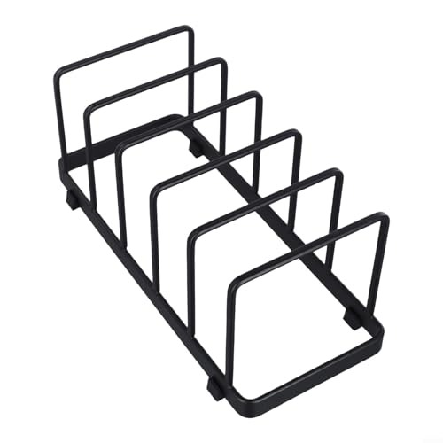 Gdfnmogo Organizador de tapas de ollas y sartenes para cocina, soporte de almacenamiento para tabla de cortar, estante de almacenamiento de tapas de sartén de acero inoxidable para cabina (negro)