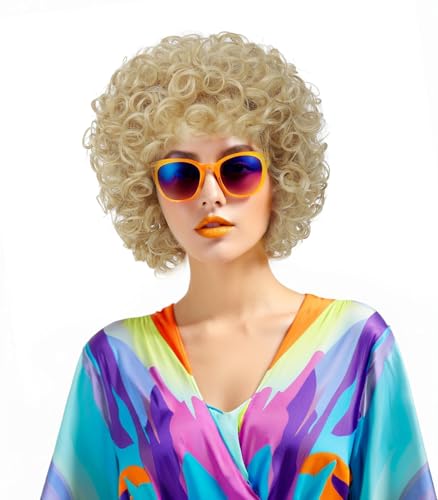 Image of Women's short curly wig, 70s disco style afro wig, wig for Halloween cosplay and parties (Light Blonde)