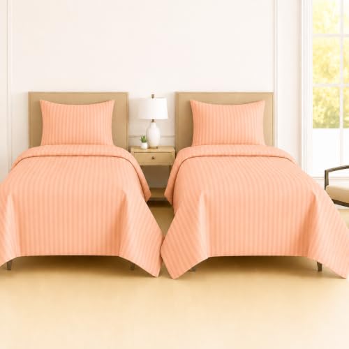 Image of DECOR2ADMIRE 300 Thread Count Premium Glace Cotton Plain Stripe Single Bedsheet with One Pillow Cover (60 inch x 90 inch) (Peach, Pack of 2)