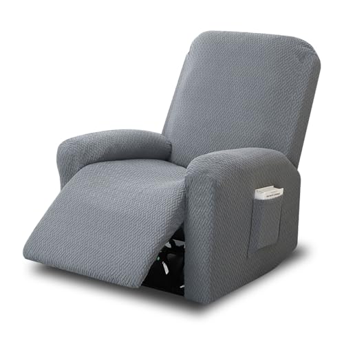 CAAGGMM Funda Elástica para Sillón Reclinable, 4 Piezas Fundas Elásticas para Sillones de Relax con Bolsillos, Funda para Sillón Individual de Descanso, para Sofás de un Solo Asiento(Gris Claro)