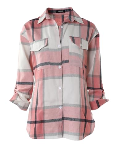 Womens Plaid Shirt Button Front Pocket Design Loose Fit Long Sleeve Casual Shirt Classic Collar Shirt for Daily Office2