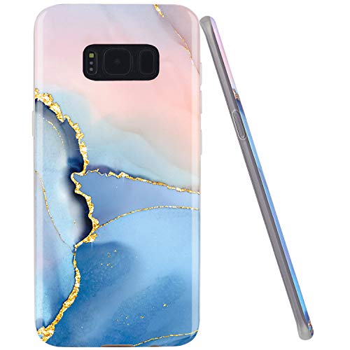 JAHOLAN Galaxy S8 Plus Coque en silicone TPU souple avec paillettes dorées et motif marbre bleu brillant Cover