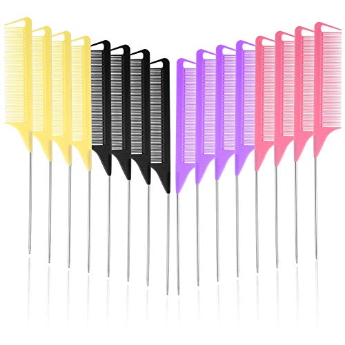 upain 16Pcs Rat Tail Comb Fiber Pintail Hair Combs Professional Styling Combs Heat Resistant with Stainless Steel Pintail for Women Girls Hair Styling, 4 Colors