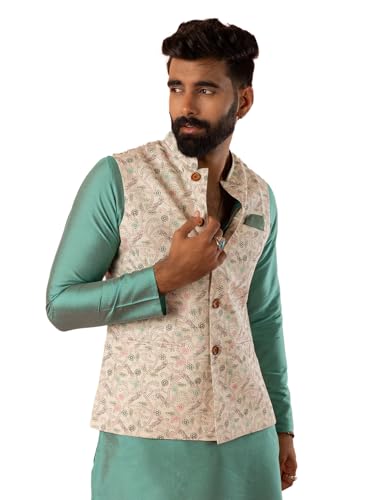 Image of Kisah Men's Cotton Blend Printed Nehru Jacket Regular Fit | Designer Ethnic Layering | Wedding & Occasion Wear