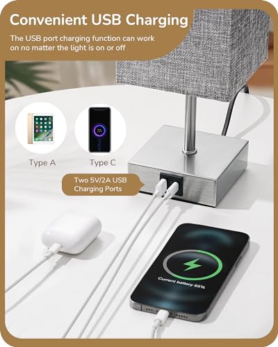 EDISHINE Bedside Lamps Set of 2, 3 Way Dimmable Table Lamp with USB A+C Charging Ports, Touch Lamps for Bedroom, Living Room, Grey (LED Bulbs Included) - Image 4