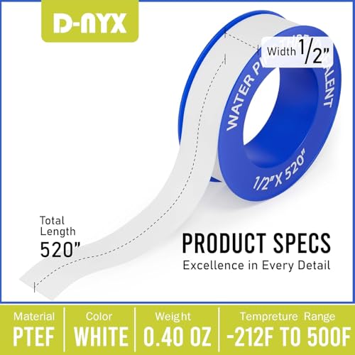 Image of D-NYX Teflon Tape 4 Rolls 1 /2 Inch(W) X 520 Inches(L) Teflon Duct Sealant Tape for Shower Head, Plumbing Thread Tapes, Water Pipe Sealing Plumbers PTFE Thread Seal, Pipe Dope Plumbers Accessories