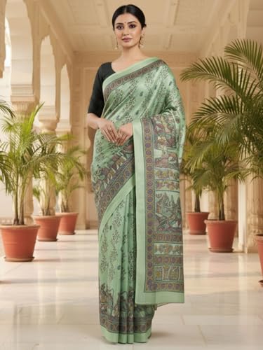 Image of AKHILAM Women's Sea Green Tussar Silk Madhubani Printed Saree With Unstitched Blouse Piece (FF0MDB8405B AI)