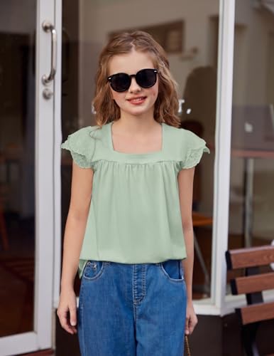 Image of Arshiner Girls Shirts Short Sleeve Square Neck Summer Lace Openwork Pleated Tops Blouse Tunic