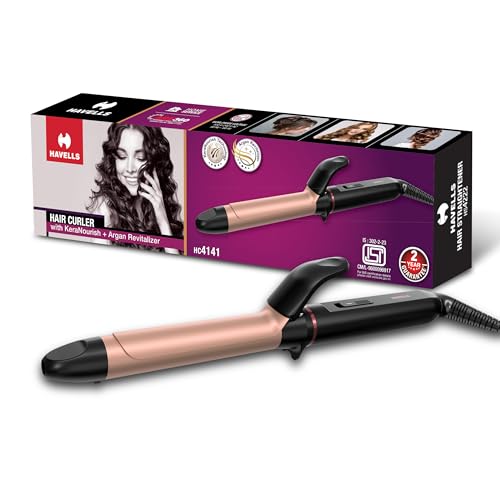 Image of Havells Hair Curler | KeraNourish + Argan Revitalizer | Long Barrel | Anti - Scalding Design |In Built Clamp | For Bouncy Curls | 2 year Guarantee | HC4141