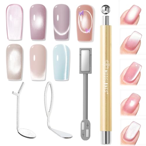 Image of modelones Cat Eye Magnet Set, 5PCS 3-in-1 Dual-Head Nail Magnet Pen with Heart, Lightning & Ball Shapes for Cateye Gel Polish, Side Light Wide Light Glass Glow Effects, DIY Nail Art Tooln