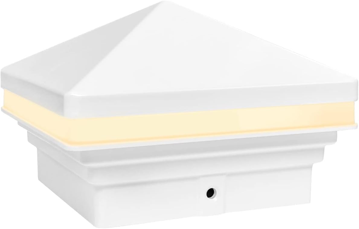 GKOLED 6-Pack 4" x 4" White Vinyl Post Top Caps with 4-Pack Low Voltage LED White Pyramid Post Cap Lights