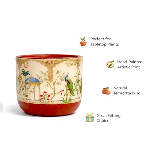 Image of Urban Plant Badshahi Beige 3D Terracotta Plant Pot (5 Inch) | Hand-Painted Mughal Art Design Planter | Decorative Indoor Clay Pot with Drainage Hole | Tabletop Flower Pot for Home & Office Decor